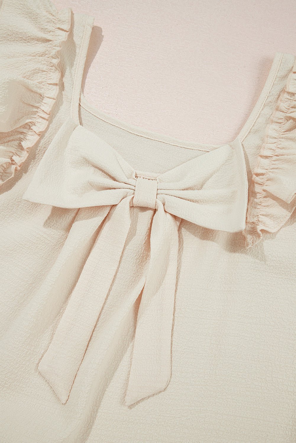 Gossamer Pink Textured Bow Frilled Ruffle Sleeve Blouse - MAD RUFFI