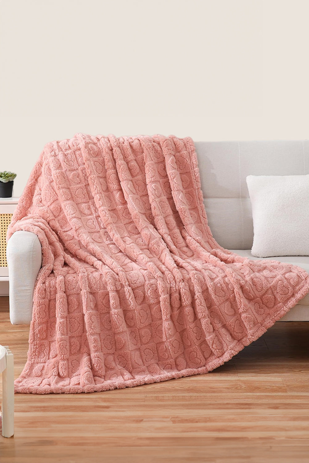 Gossamer Pink Textured Heart Checkered Plush Soft Blanket - MAD RUFFI