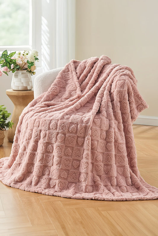 Gossamer Pink Textured Heart Checkered Plush Soft Blanket - MAD RUFFI