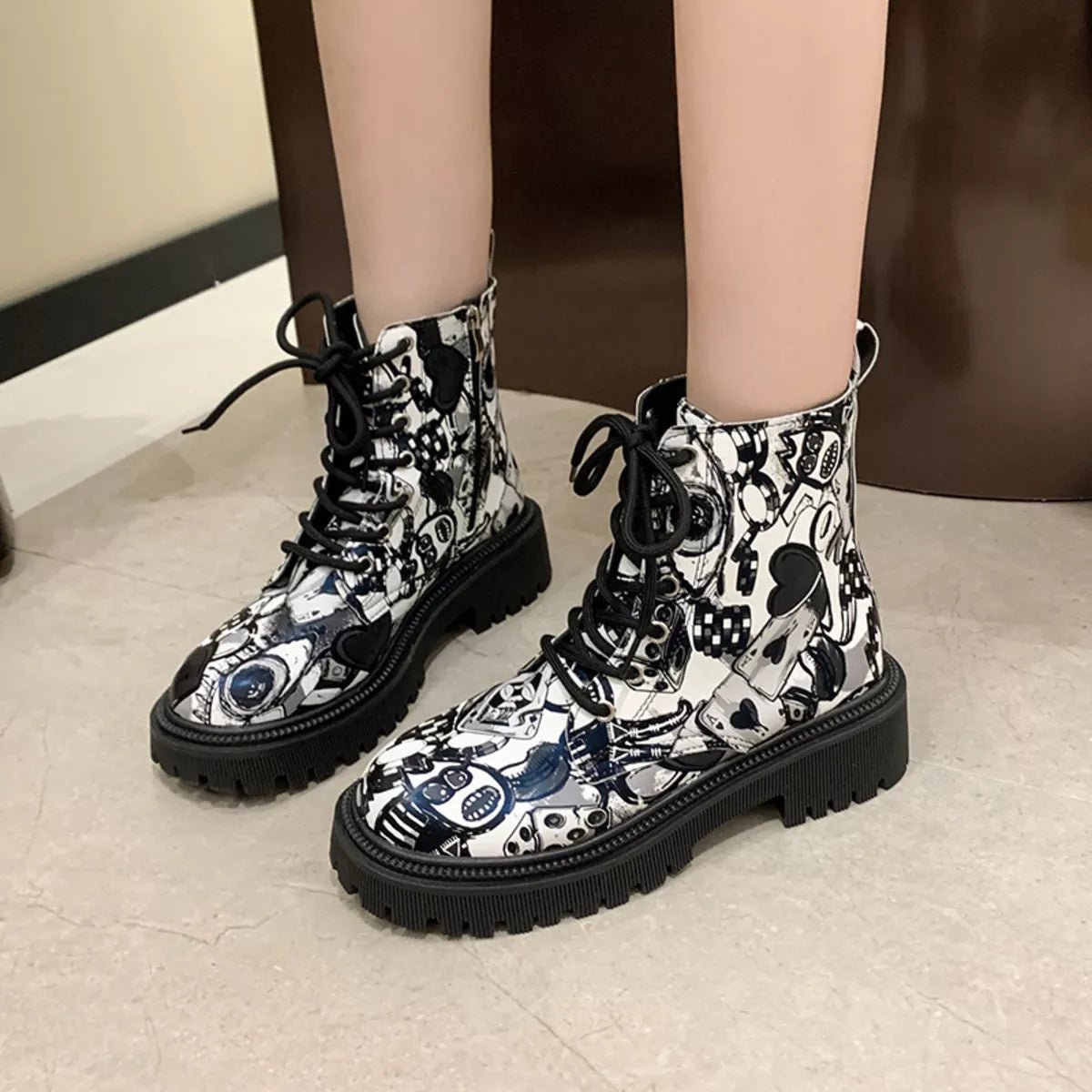 Graffiti Print Combat Boots with Colorful Street Art Design - MAD RUFFI