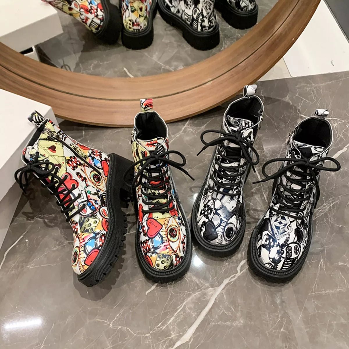 Graffiti Print Combat Boots with Colorful Street Art Design - MAD RUFFI