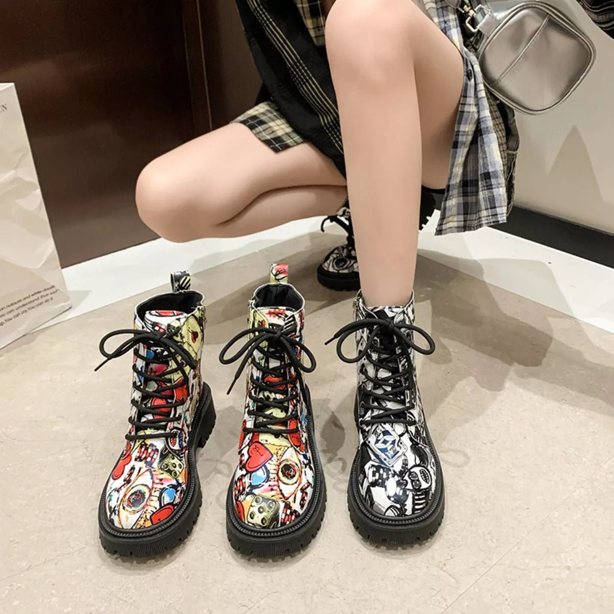 Graffiti Print Combat Boots with Colorful Street Art Design - MAD RUFFI