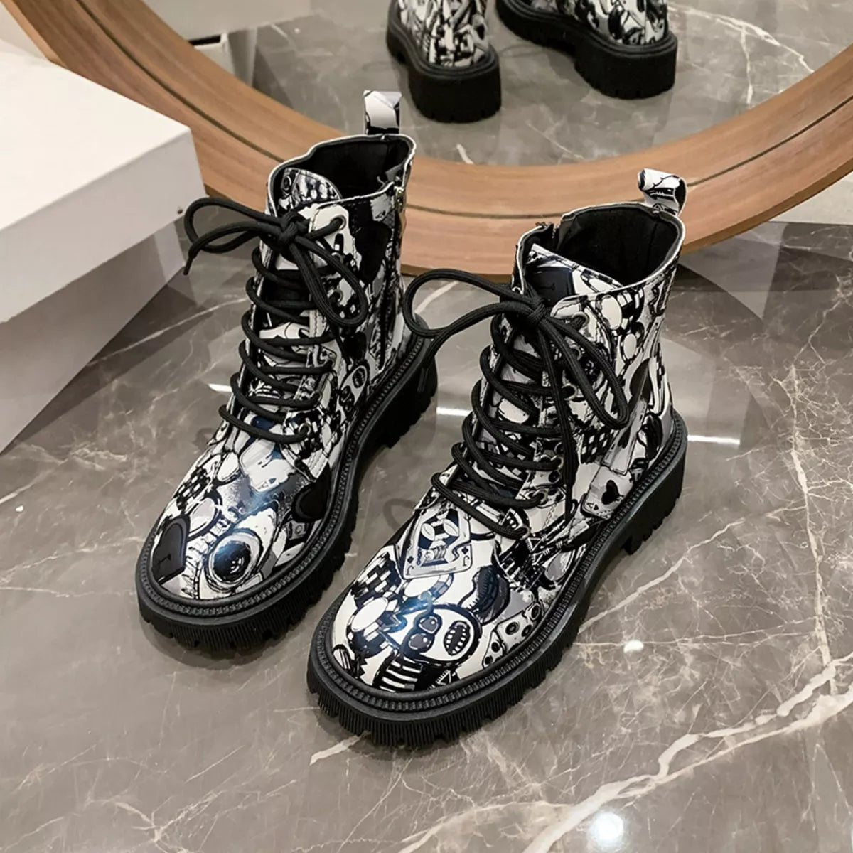 Graffiti Print Combat Boots with Colorful Street Art Design - MAD RUFFI