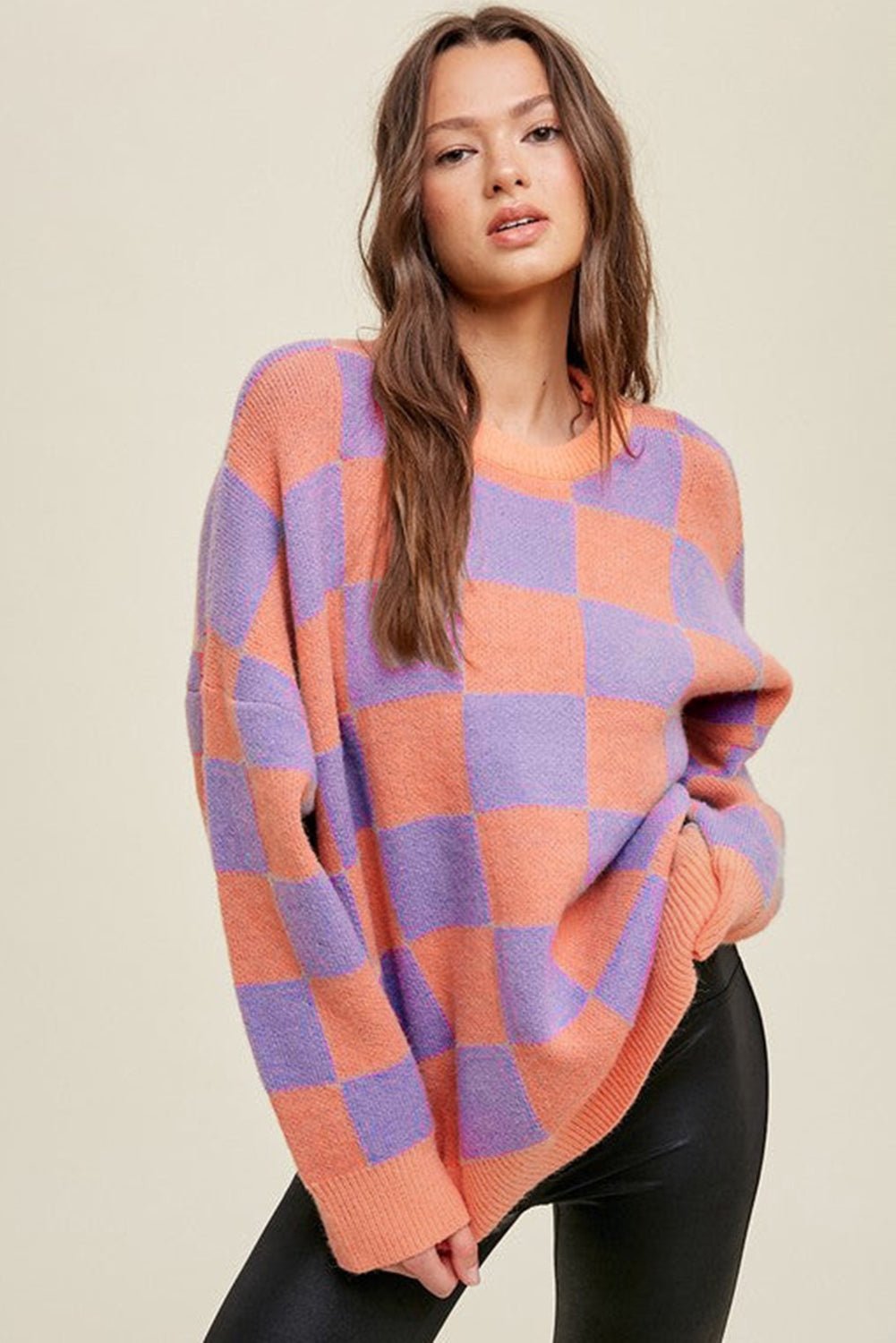 Grapefruit Orange Checkered Pattern Ribbed Trim Knit Baggy Sweater - MAD RUFFI