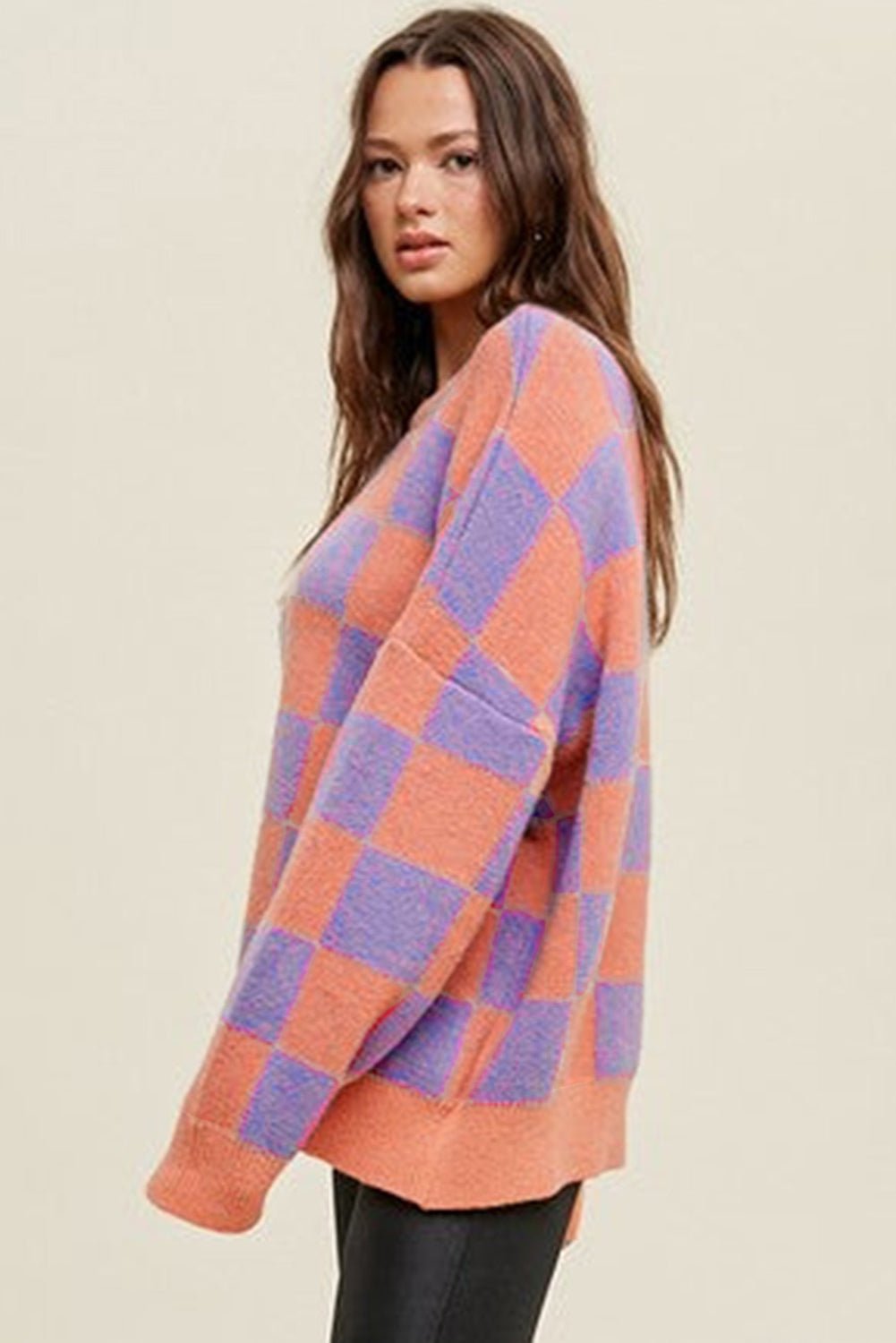 Grapefruit Orange Checkered Pattern Ribbed Trim Knit Baggy Sweater - MAD RUFFI
