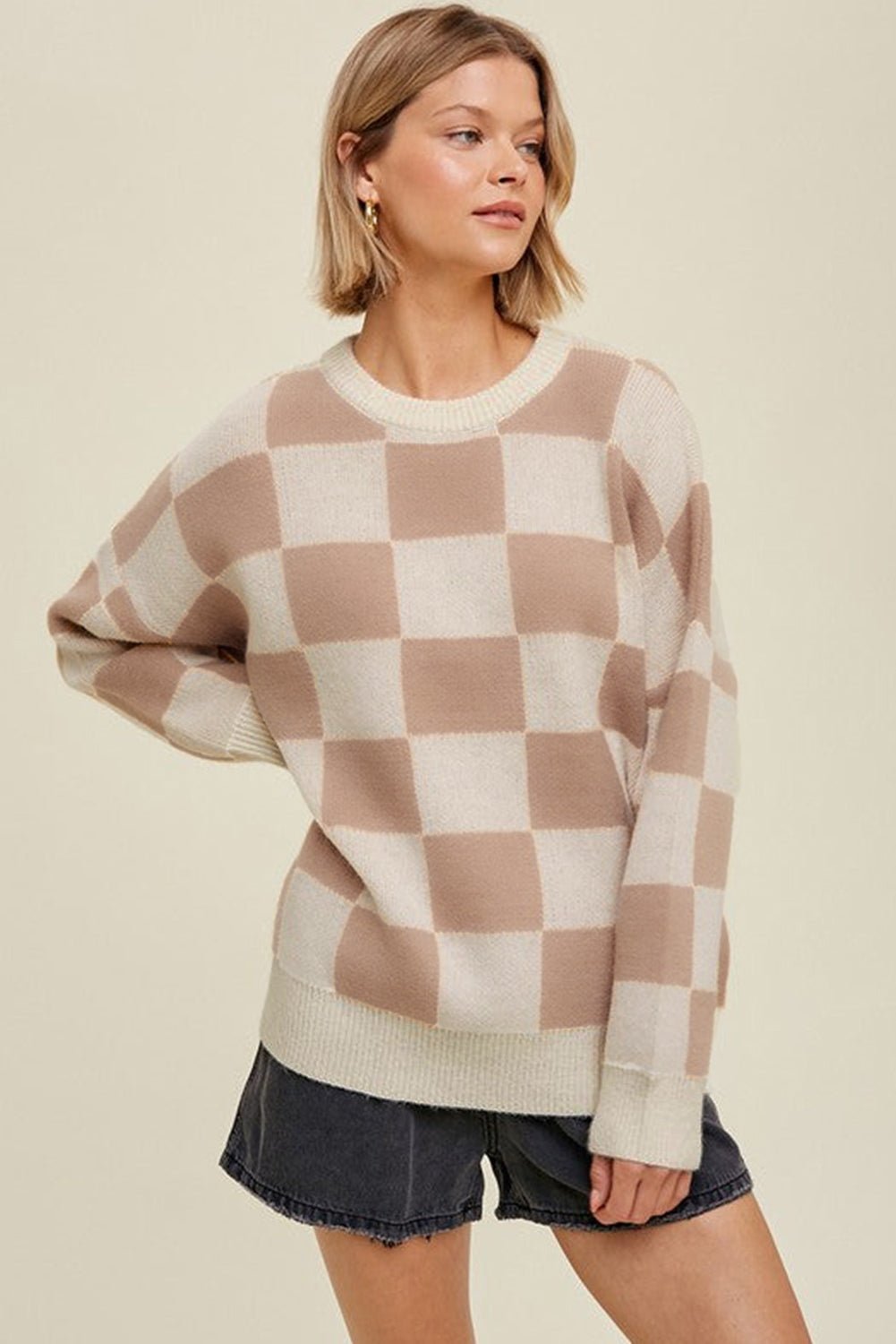 Grapefruit Orange Checkered Pattern Ribbed Trim Knit Baggy Sweater - MAD RUFFI