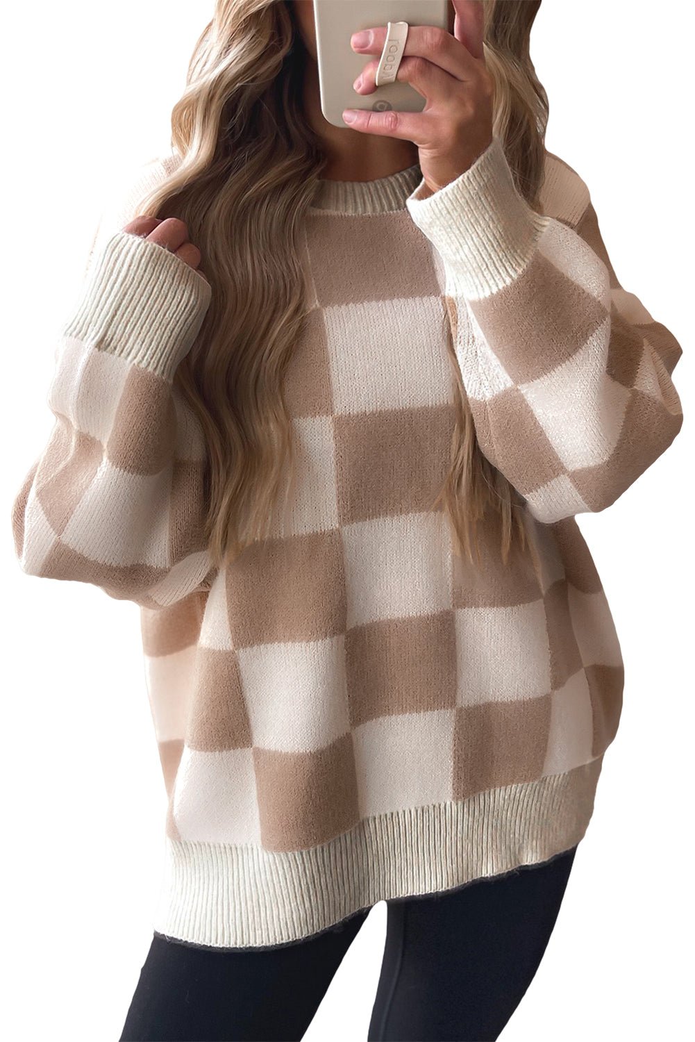 Grapefruit Orange Checkered Pattern Ribbed Trim Knit Baggy Sweater - MAD RUFFI