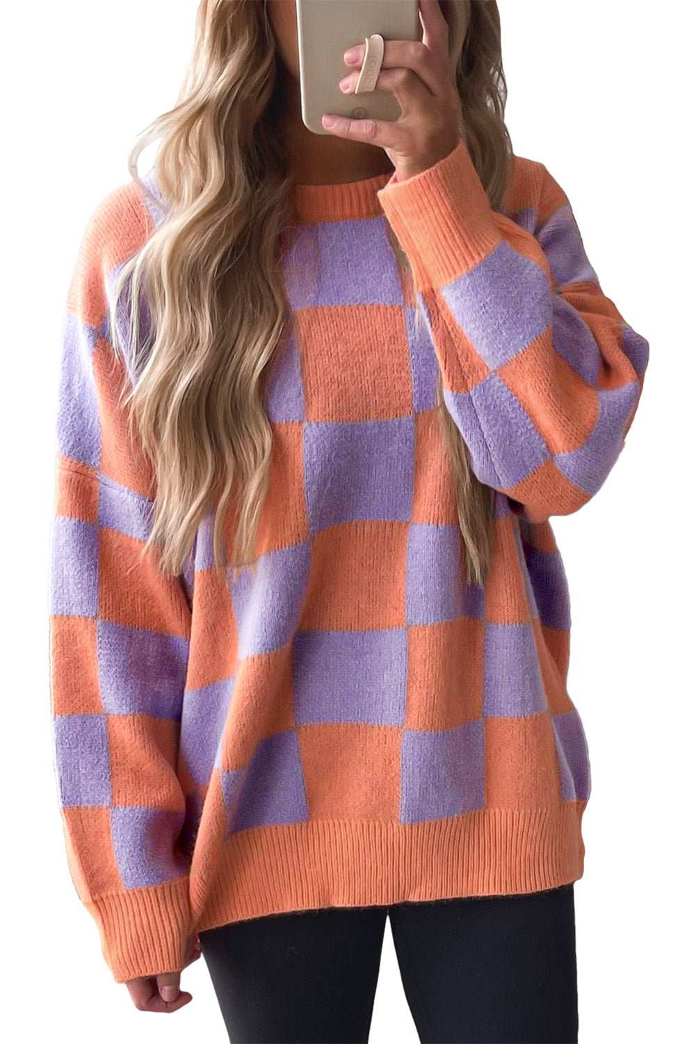 Grapefruit Orange Checkered Pattern Ribbed Trim Knit Baggy Sweater - MAD RUFFI