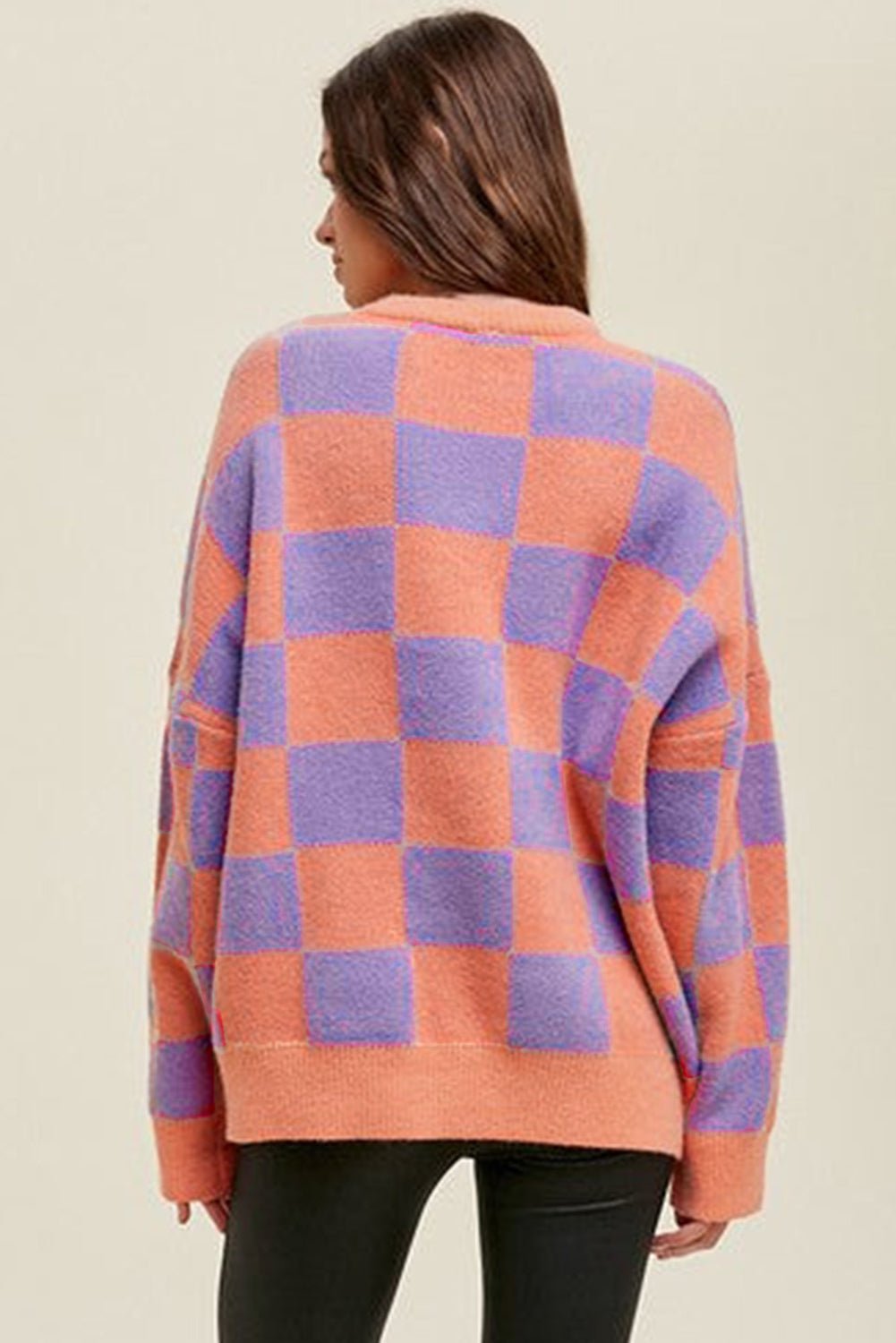 Grapefruit Orange Checkered Pattern Ribbed Trim Knit Baggy Sweater - MAD RUFFI