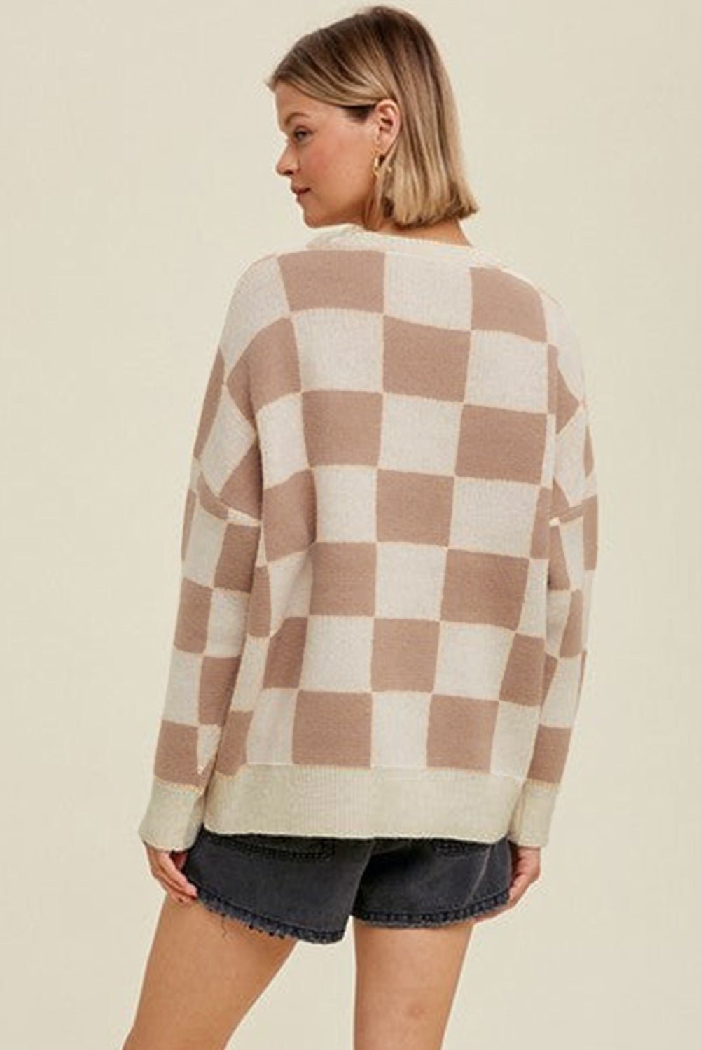 Grapefruit Orange Checkered Pattern Ribbed Trim Knit Baggy Sweater - MAD RUFFI