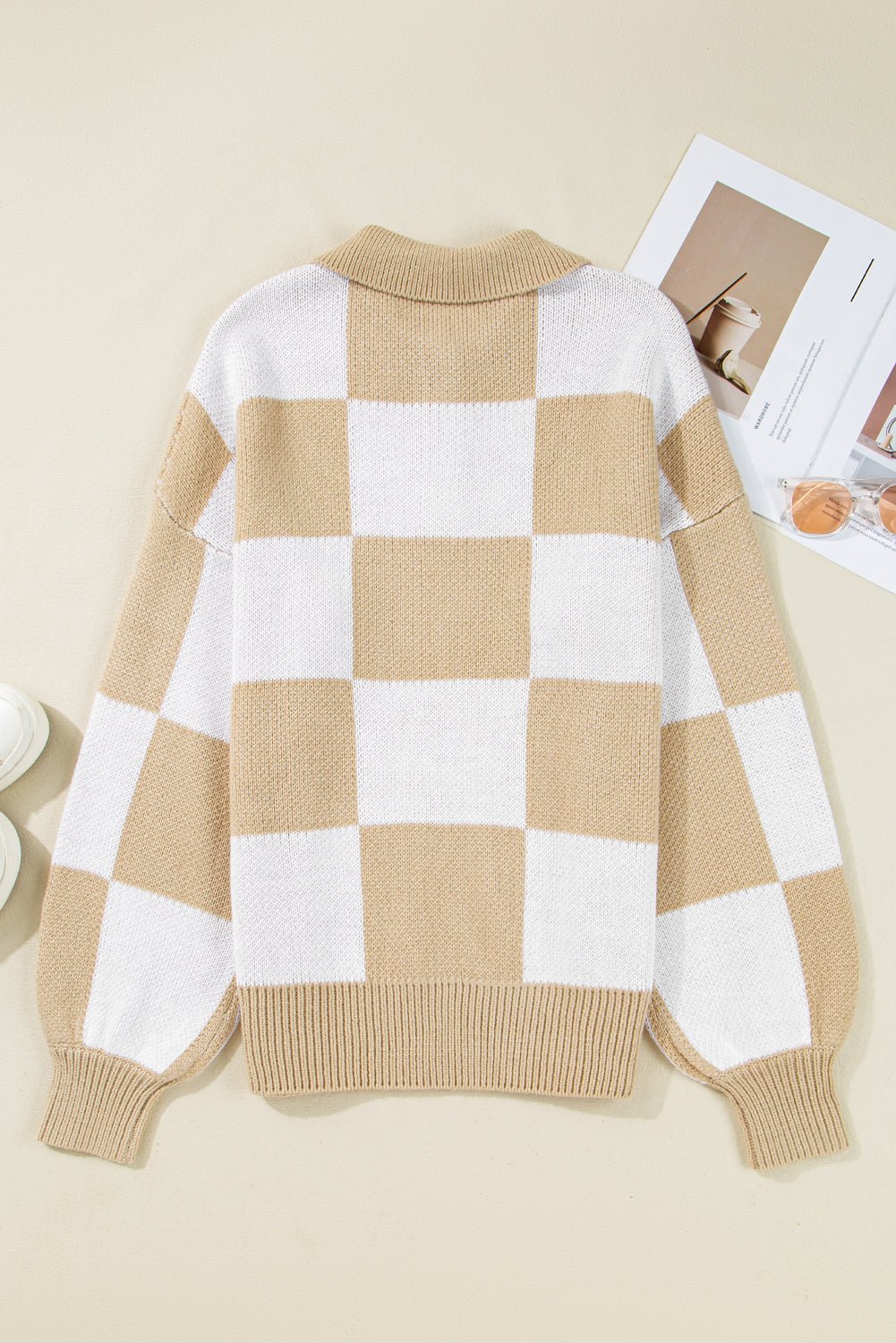 Grapefruit Orange Checkered V - Neck Collared Pullover Sweater - MAD RUFFI