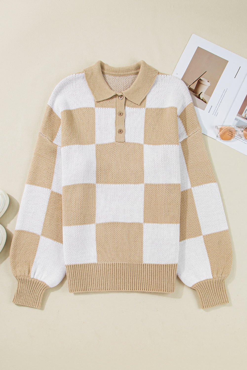 Grapefruit Orange Checkered V - Neck Collared Pullover Sweater - MAD RUFFI