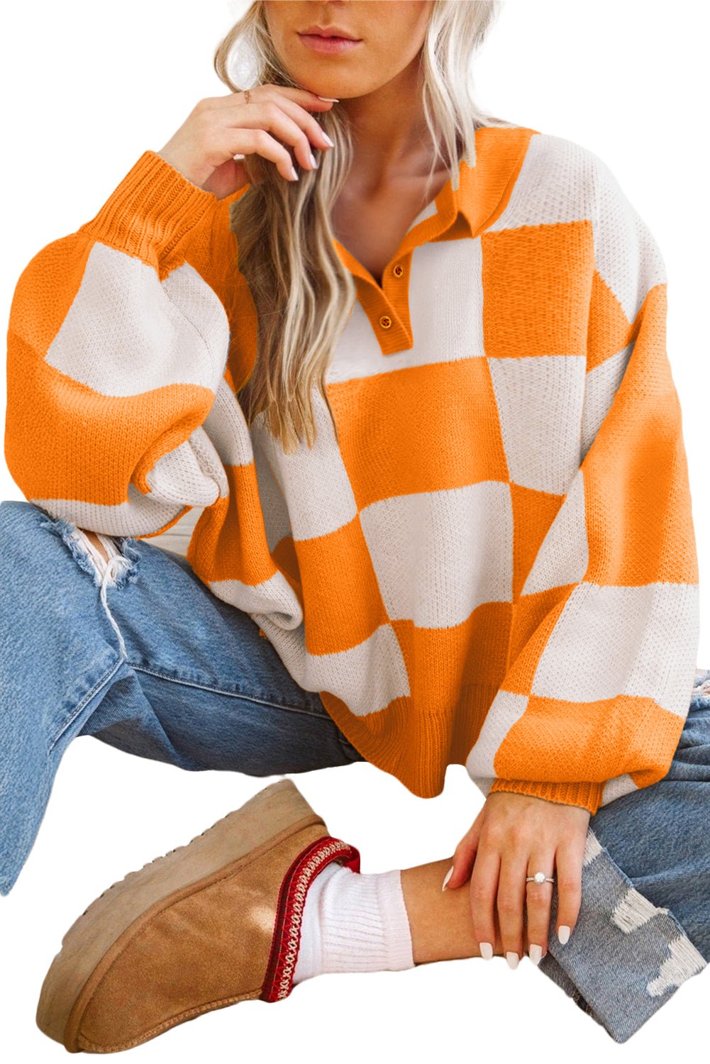 Grapefruit Orange Checkered V - Neck Collared Pullover Sweater - MAD RUFFI