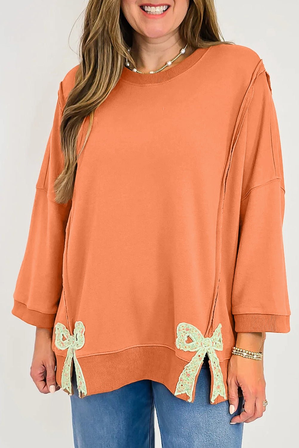 Grapefruit Orange Floral Bow Patched Exposed Seam Patchwork Slit Baggy Sweatshirt - MAD RUFFI