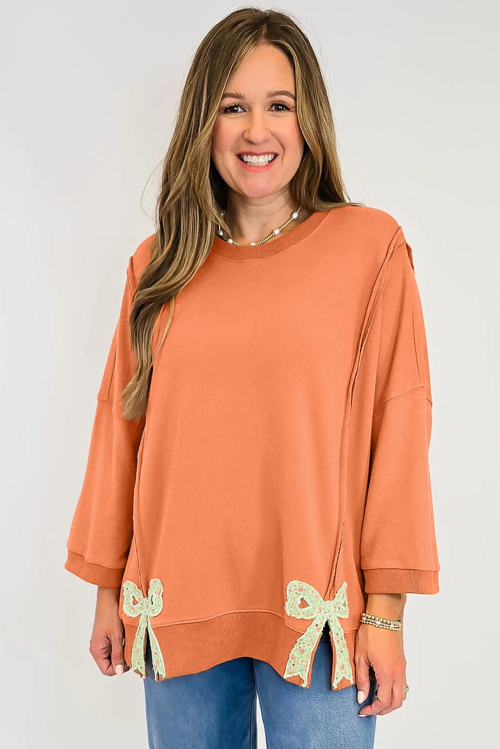 Grapefruit Orange Floral Bow Patched Exposed Seam Patchwork Slit Baggy Sweatshirt - MAD RUFFI