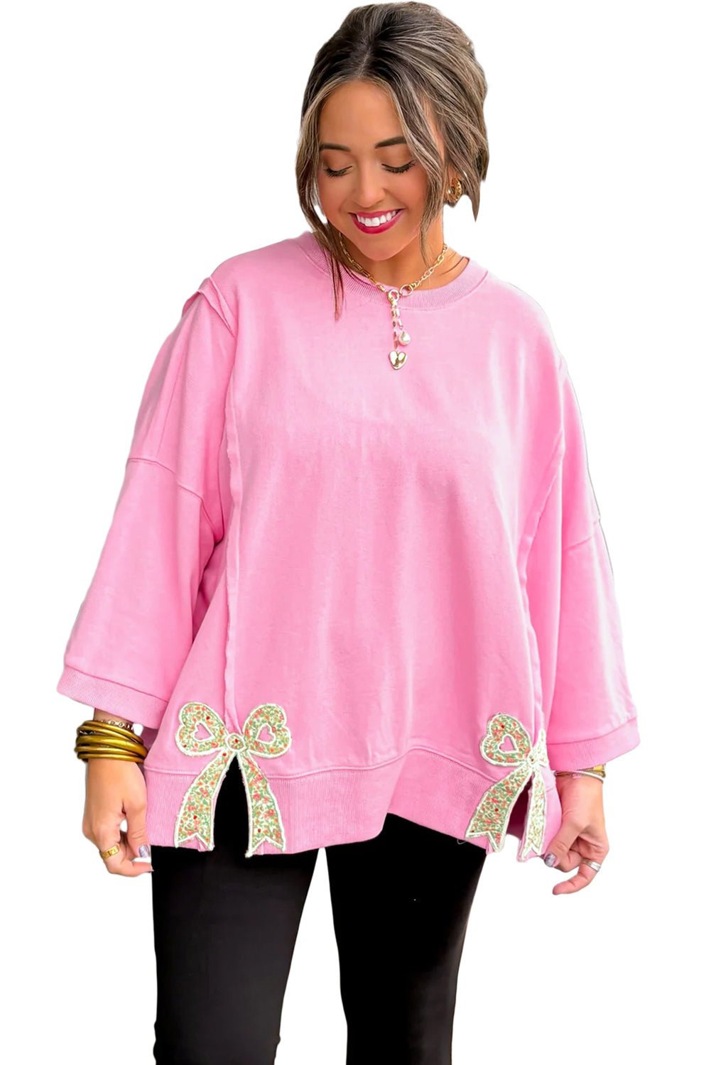 Grapefruit Orange Floral Bow Patched Exposed Seam Patchwork Slit Baggy Sweatshirt - MAD RUFFI