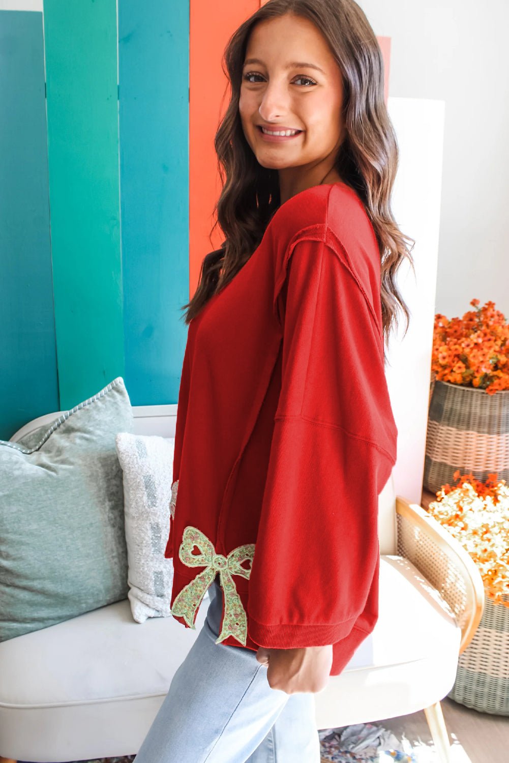 Grapefruit Orange Floral Bow Patched Exposed Seam Patchwork Slit Baggy Sweatshirt - MAD RUFFI