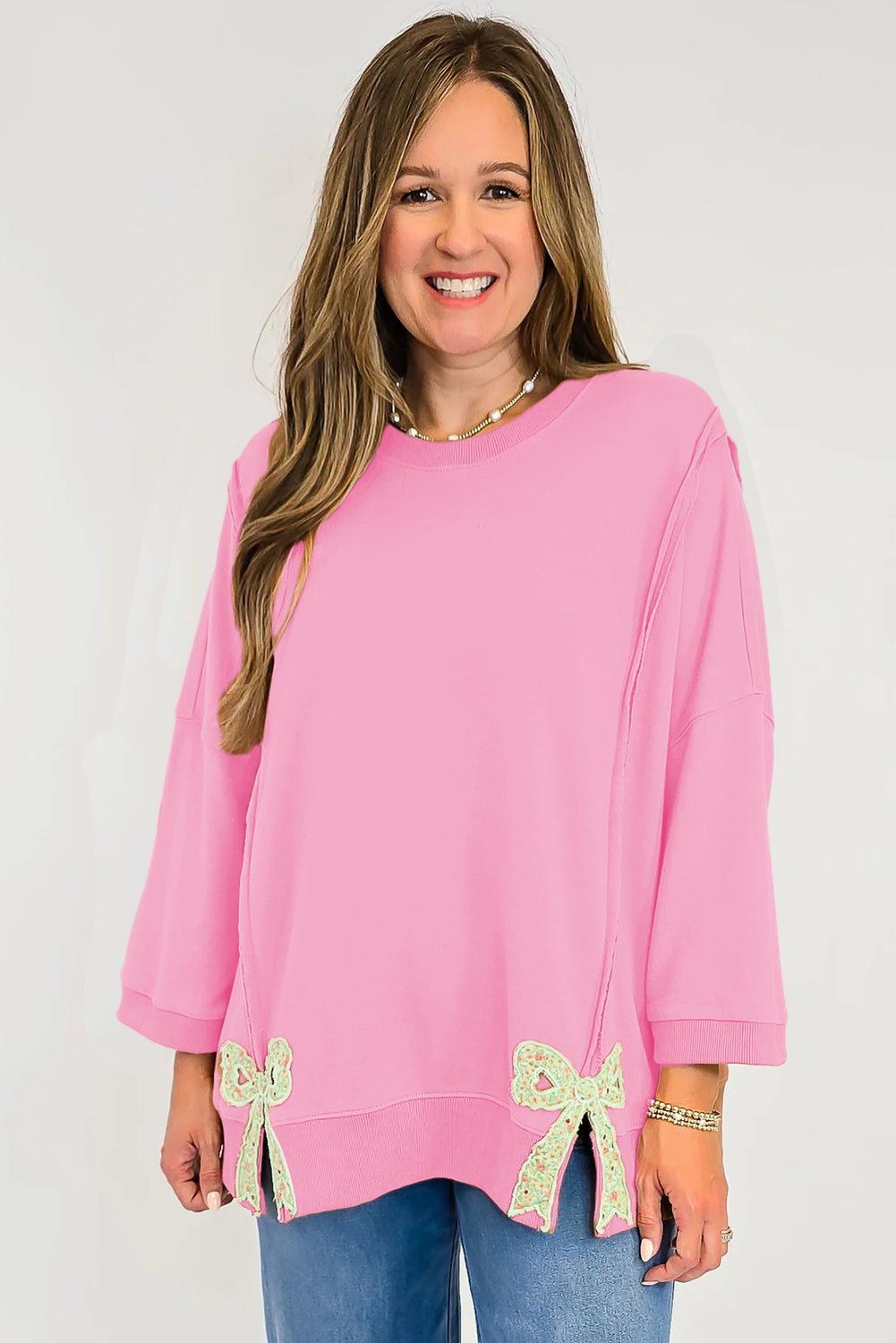 Grapefruit Orange Floral Bow Patched Exposed Seam Patchwork Slit Baggy Sweatshirt - MAD RUFFI