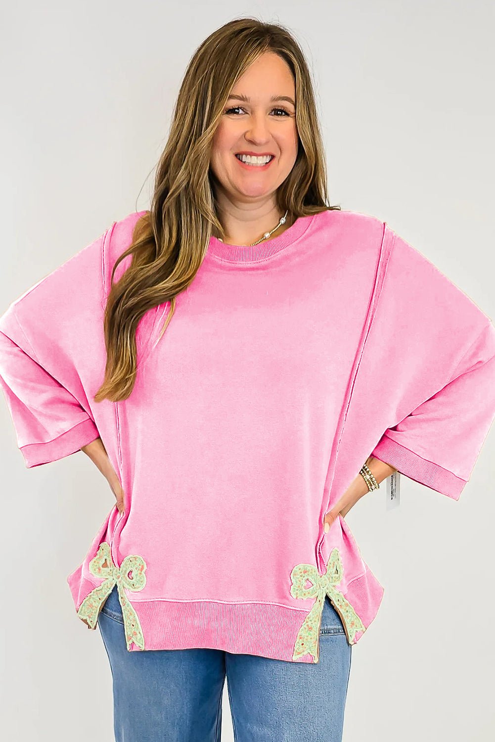 Grapefruit Orange Floral Bow Patched Exposed Seam Patchwork Slit Baggy Sweatshirt - MAD RUFFI