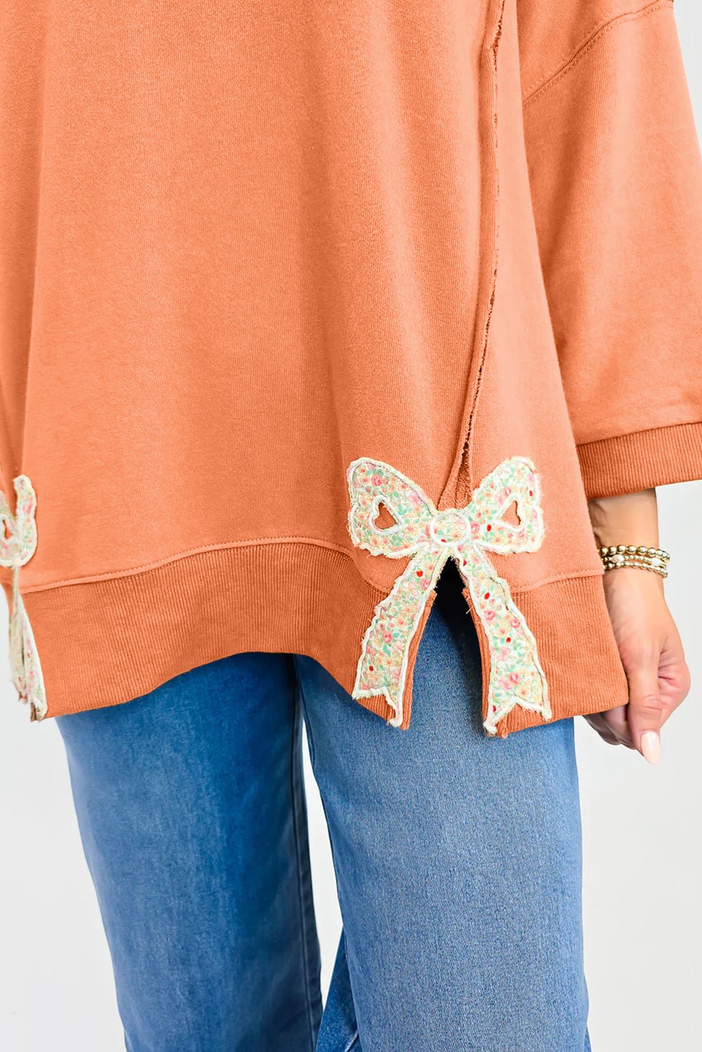 Grapefruit Orange Floral Bow Patched Exposed Seam Patchwork Slit Baggy Sweatshirt - MAD RUFFI