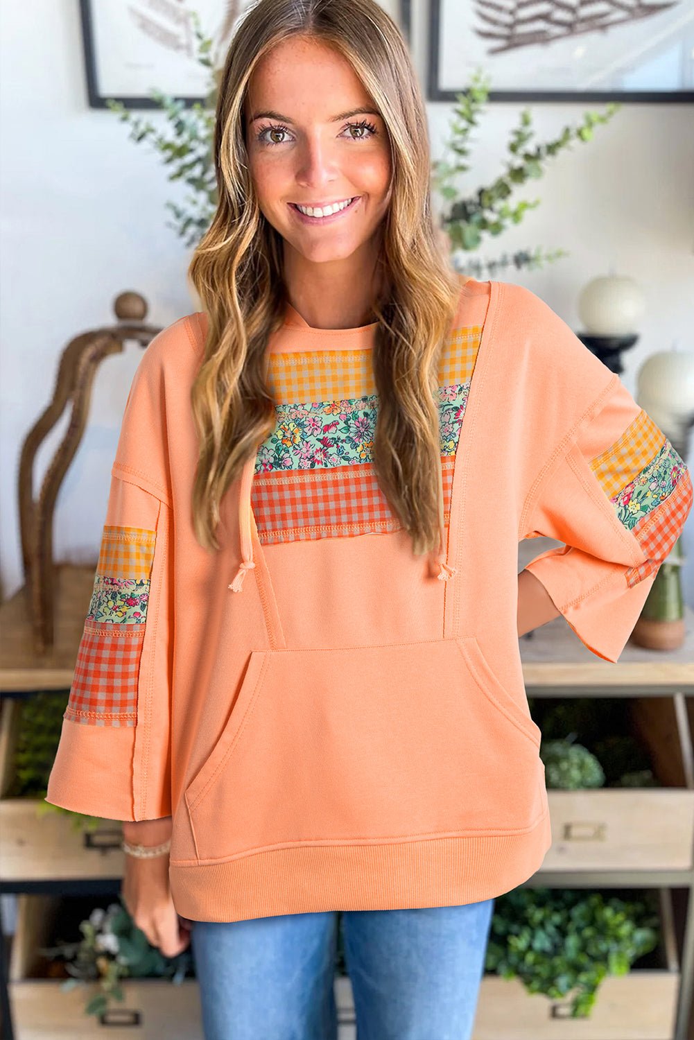 Grapefruit Orange Plaid Floral Patchwork Kangaroo Pocket Hooded Top - MAD RUFFI