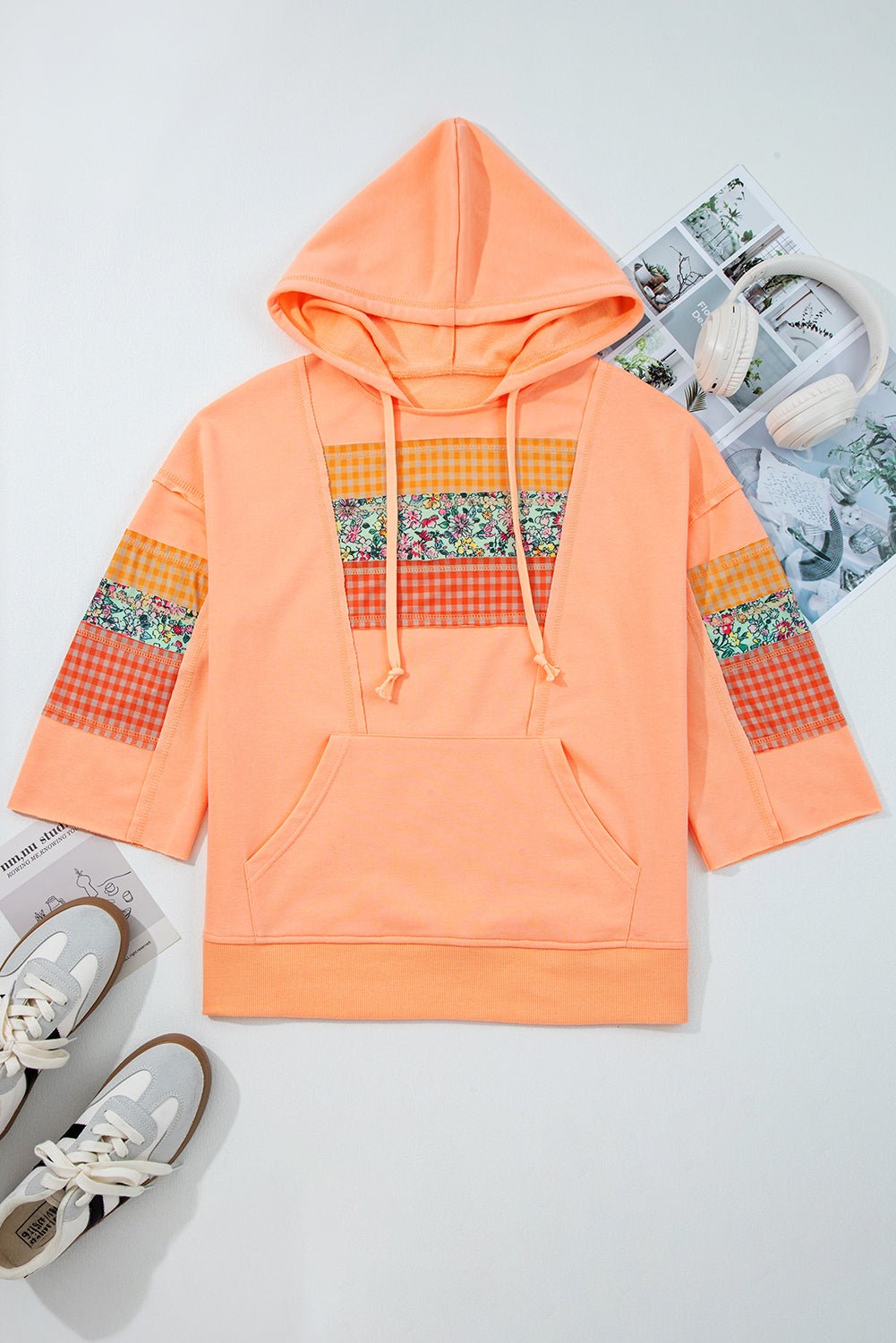 Grapefruit Orange Plaid Floral Patchwork Kangaroo Pocket Hooded Top - MAD RUFFI