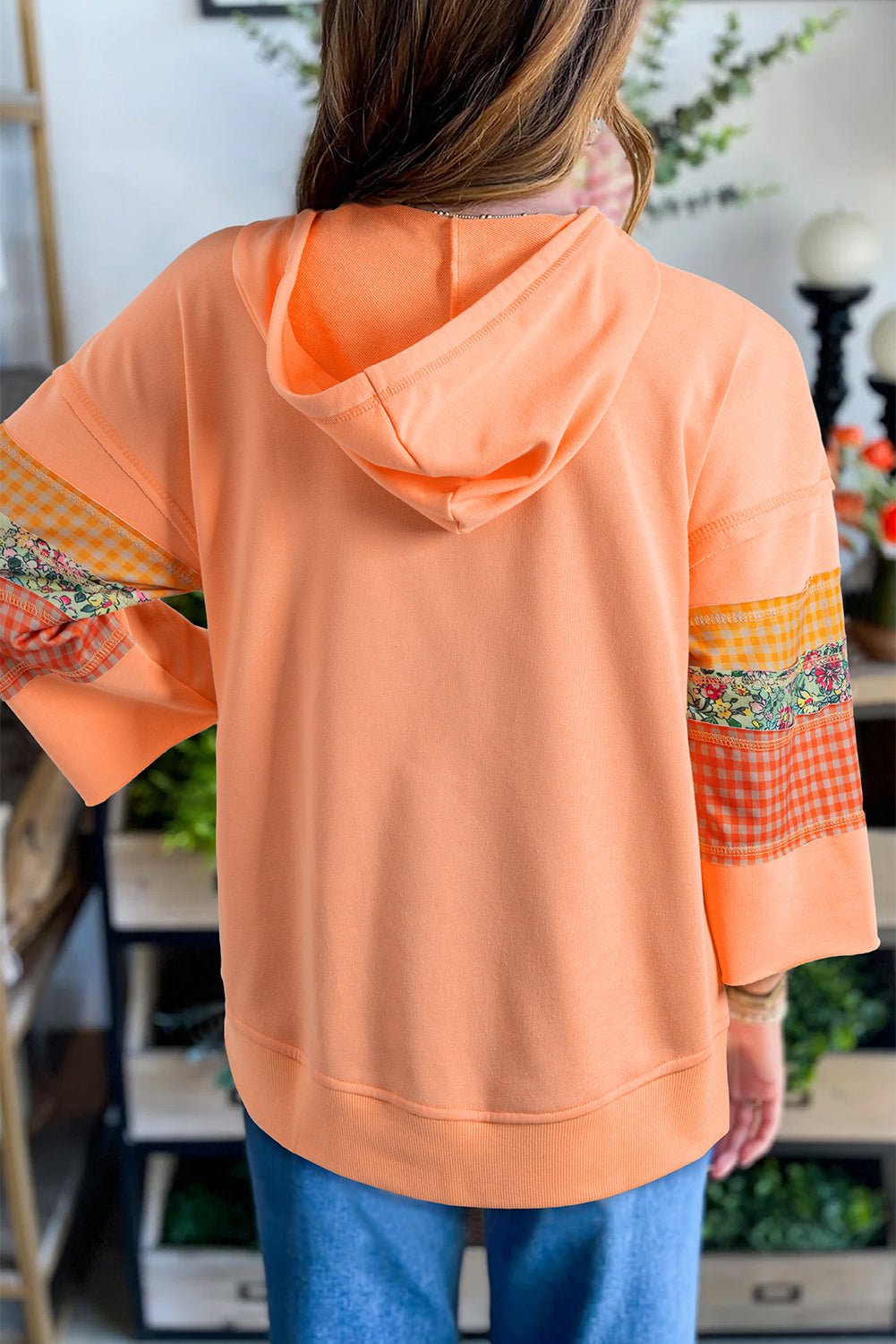 Grapefruit Orange Plaid Floral Patchwork Kangaroo Pocket Hooded Top - MAD RUFFI