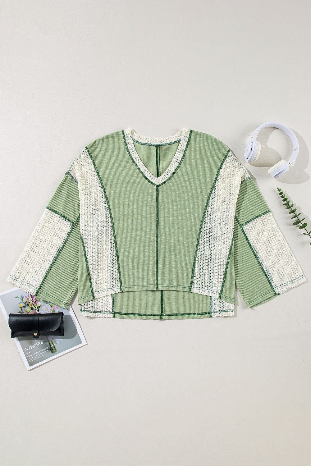 Grass Green Crochet Patchwork Exposed Seam High Low Loose Top - MAD RUFFI