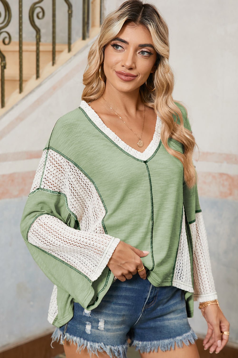 Grass Green Crochet Patchwork Exposed Seam High Low Loose Top - MAD RUFFI
