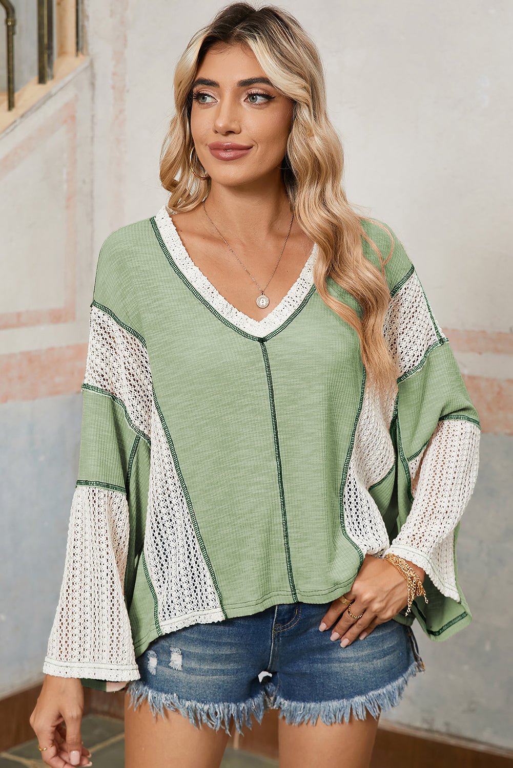 Grass Green Crochet Patchwork Exposed Seam High Low Loose Top - MAD RUFFI