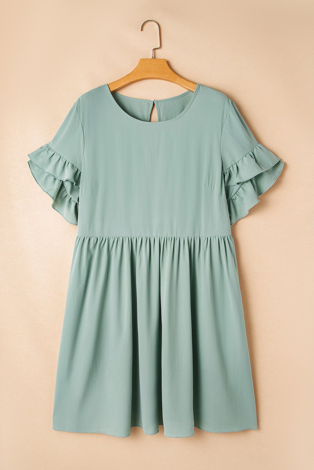 Grass Green Plain Ruffle Hem Plus Size Flared Mini Dress - MAD RUFFI