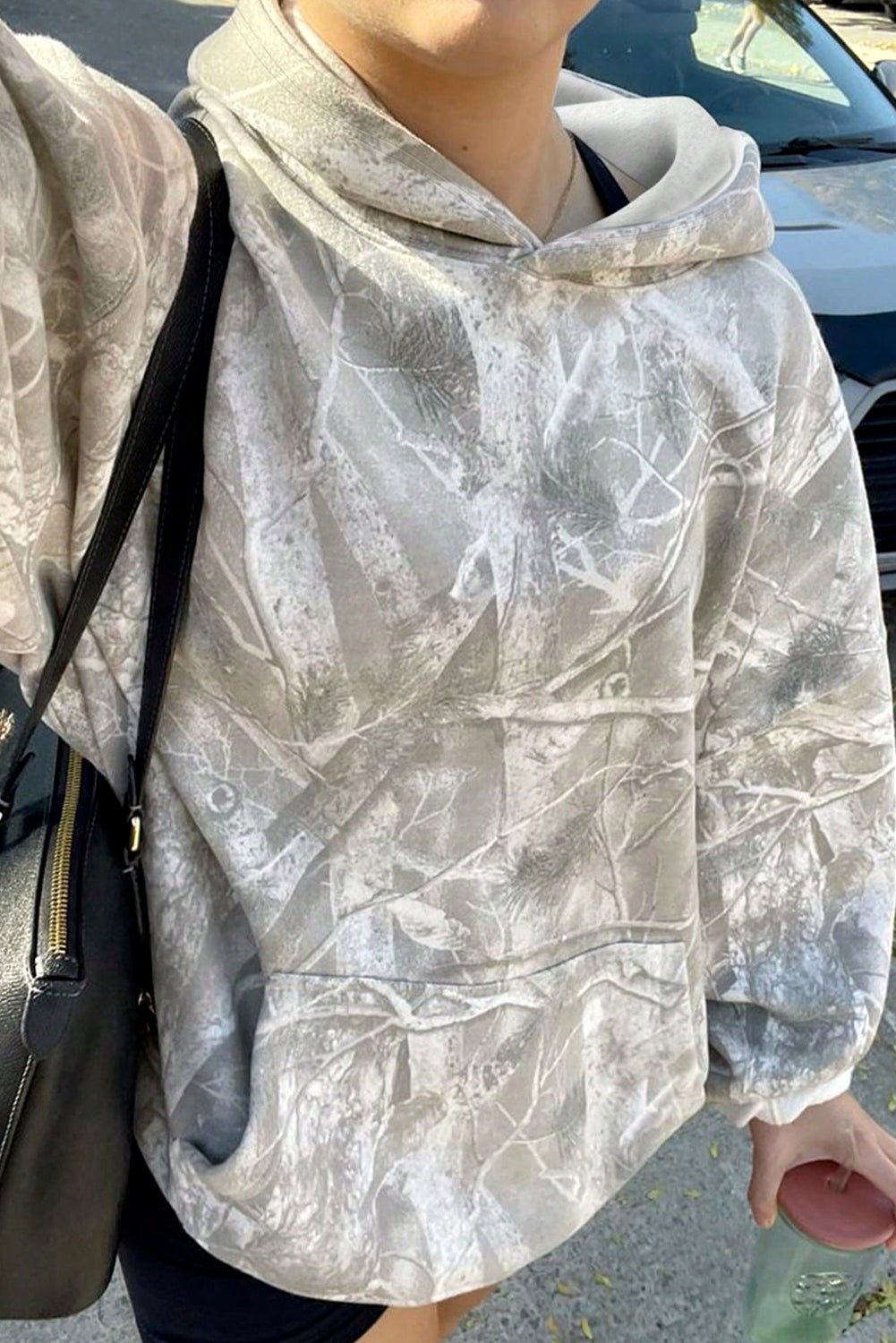 Gray Abstract Print Kangaroo Pocket Oversized Hoodie - MAD RUFFI