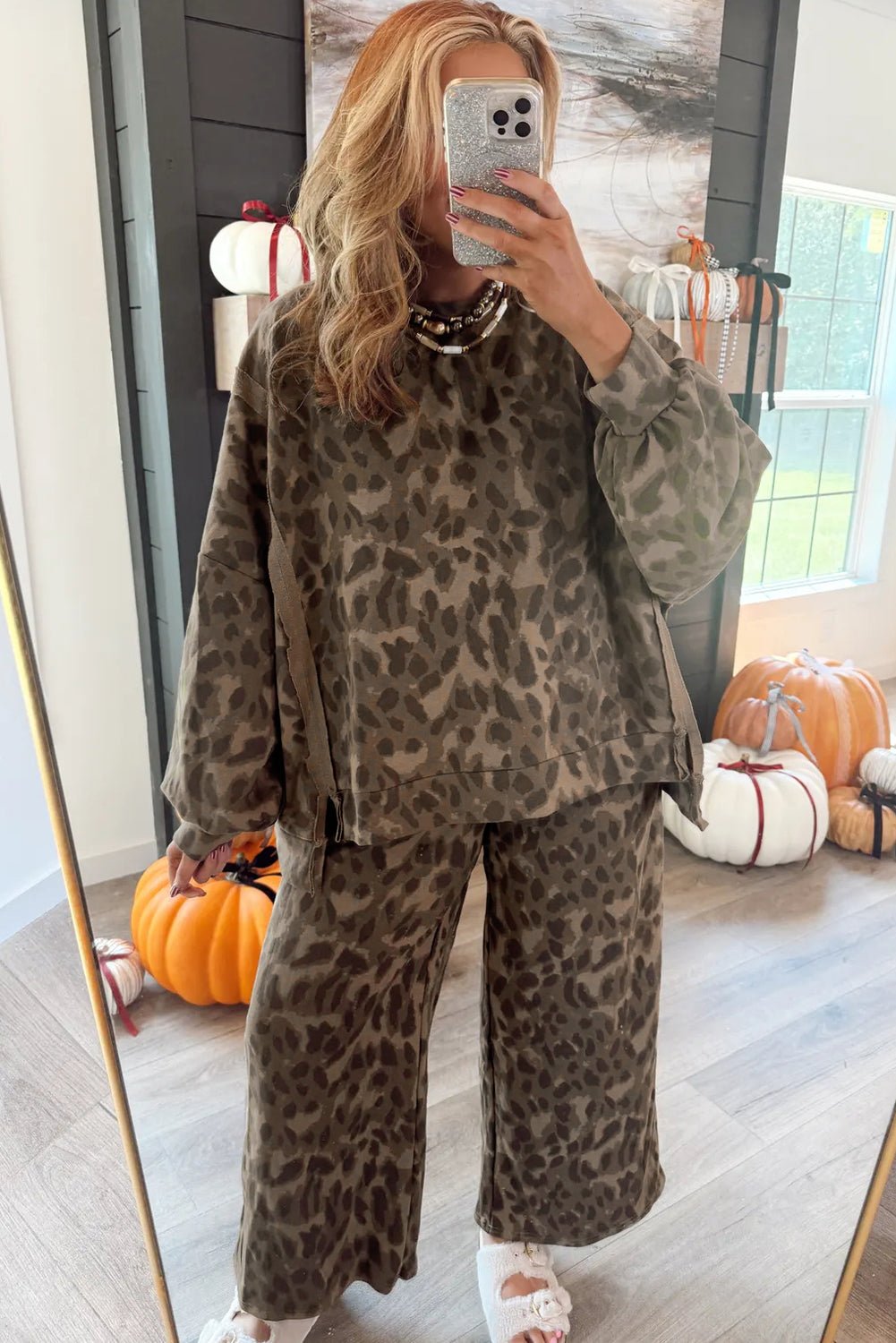 Gray Allover Leopard Print Pullover Drawstring Loose Pants Set - MAD RUFFI