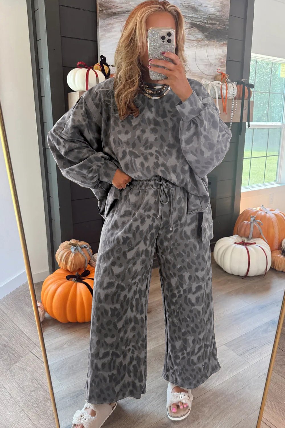 Gray Allover Leopard Print Pullover Drawstring Loose Pants Set - MAD RUFFI