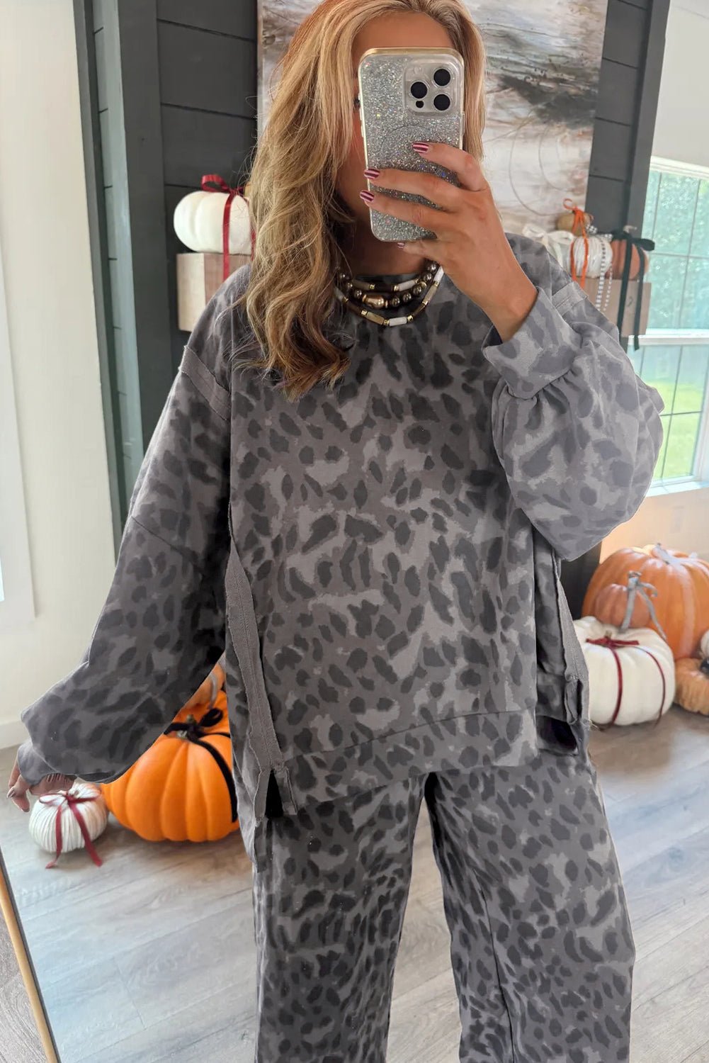 Gray Allover Leopard Print Pullover Drawstring Loose Pants Set - MAD RUFFI