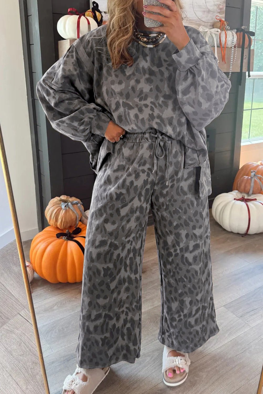 Gray Allover Leopard Print Pullover Drawstring Loose Pants Set - MAD RUFFI