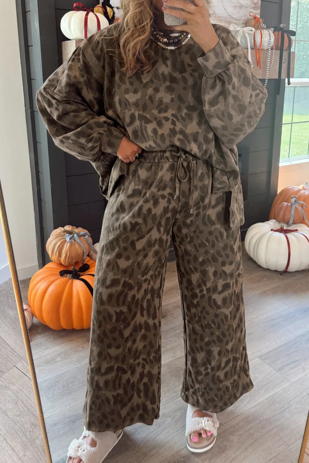 Gray Allover Leopard Print Pullover Drawstring Loose Pants Set - MAD RUFFI