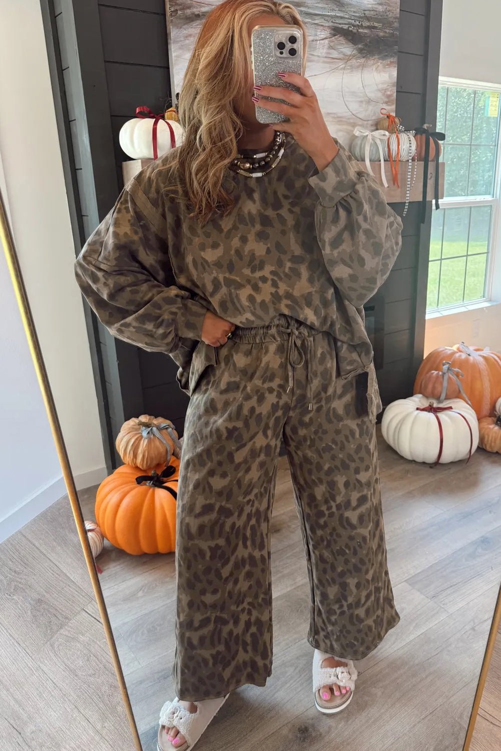 Gray Allover Leopard Print Pullover Drawstring Loose Pants Set - MAD RUFFI