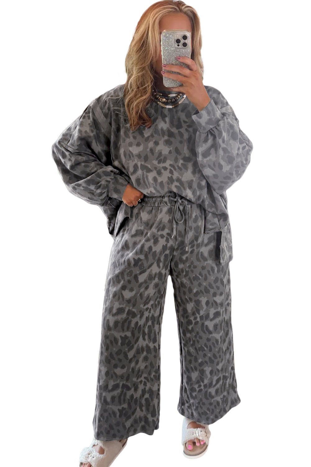Gray Allover Leopard Print Pullover Drawstring Loose Pants Set - MAD RUFFI