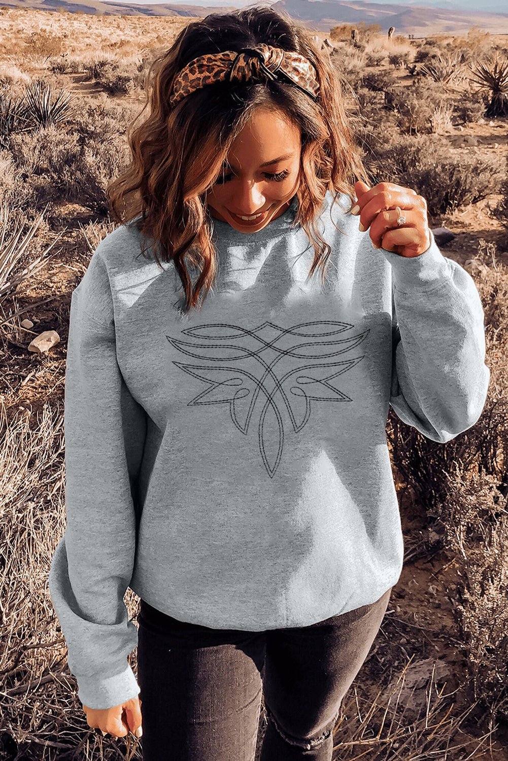 Gray Boot Stitch Pattern Drop Shoulder Pullover Sweatshirt - MAD RUFFI