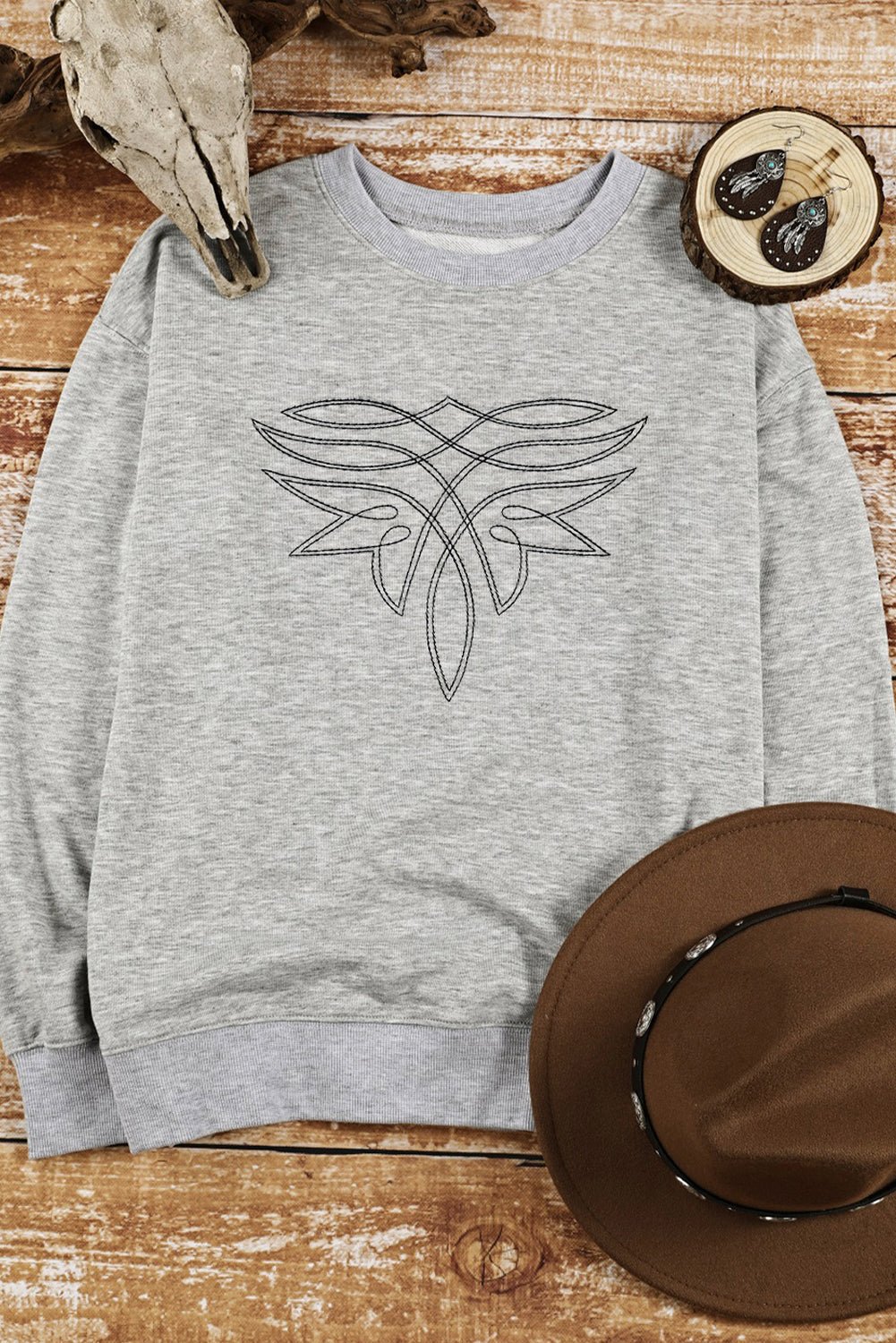 Gray Boot Stitch Pattern Drop Shoulder Pullover Sweatshirt - MAD RUFFI