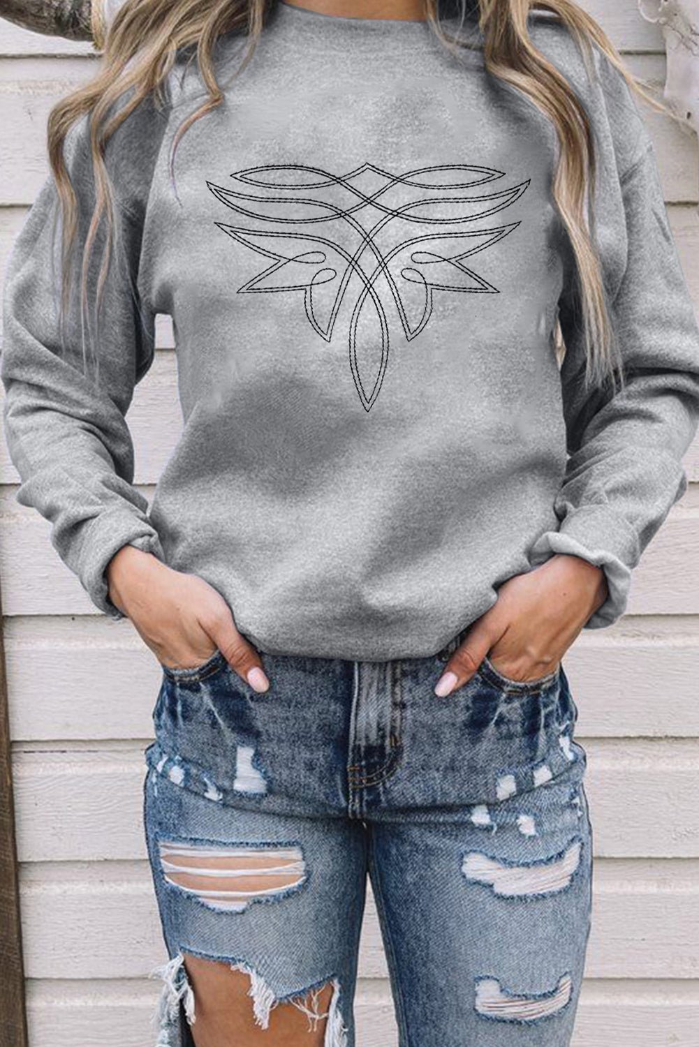 Gray Boot Stitch Pattern Drop Shoulder Pullover Sweatshirt - MAD RUFFI