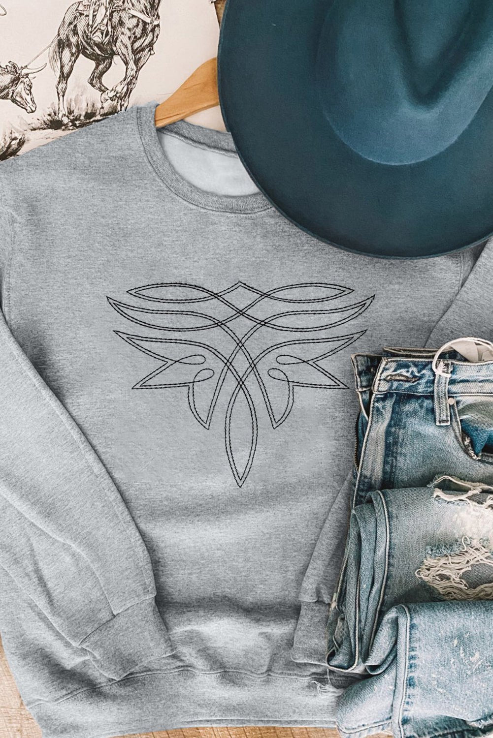 Gray Boot Stitch Pattern Drop Shoulder Pullover Sweatshirt - MAD RUFFI