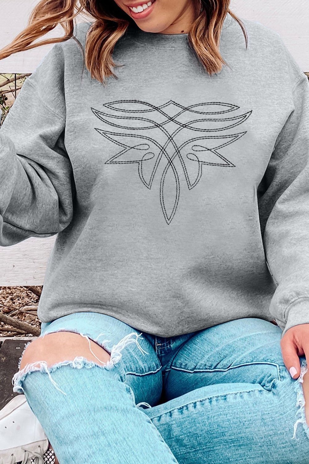 Gray Boot Stitch Pattern Drop Shoulder Pullover Sweatshirt - MAD RUFFI