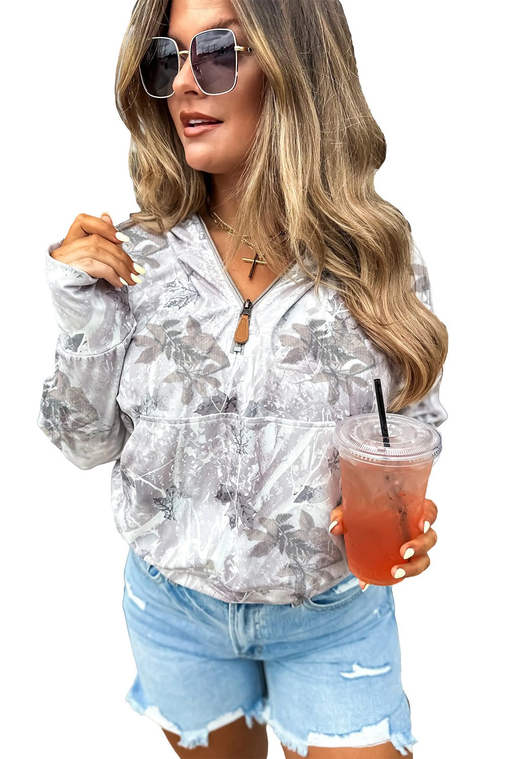 Gray Camo Leaf Print Kangaroo Pocket Quarter Zip Hoodie - MAD RUFFI