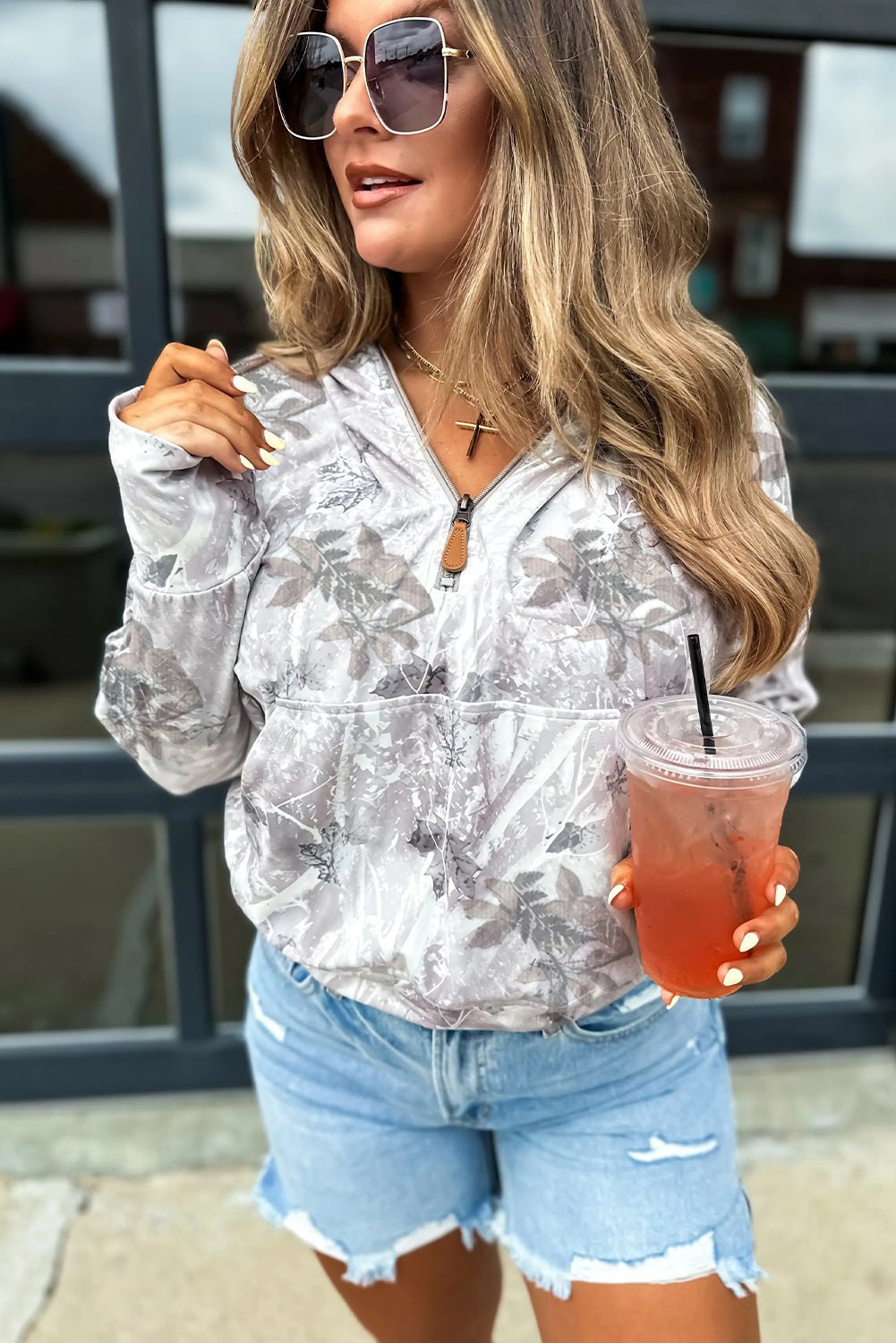 Gray Camo Leaf Print Kangaroo Pocket Quarter Zip Hoodie - MAD RUFFI