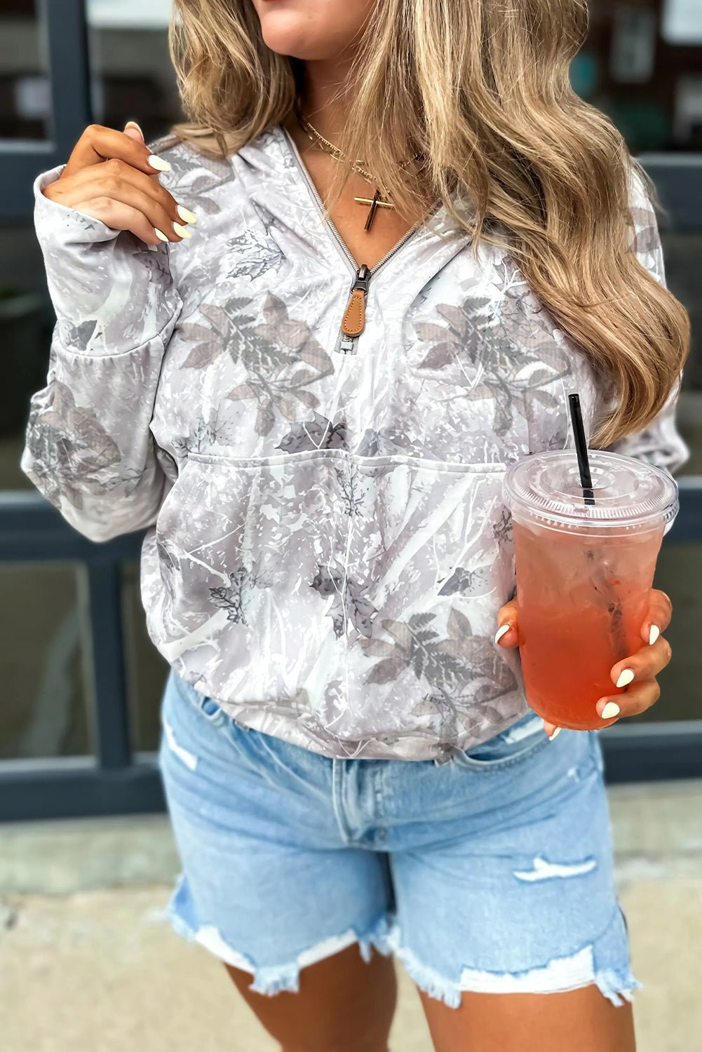 Gray Camo Leaf Print Kangaroo Pocket Quarter Zip Hoodie - MAD RUFFI