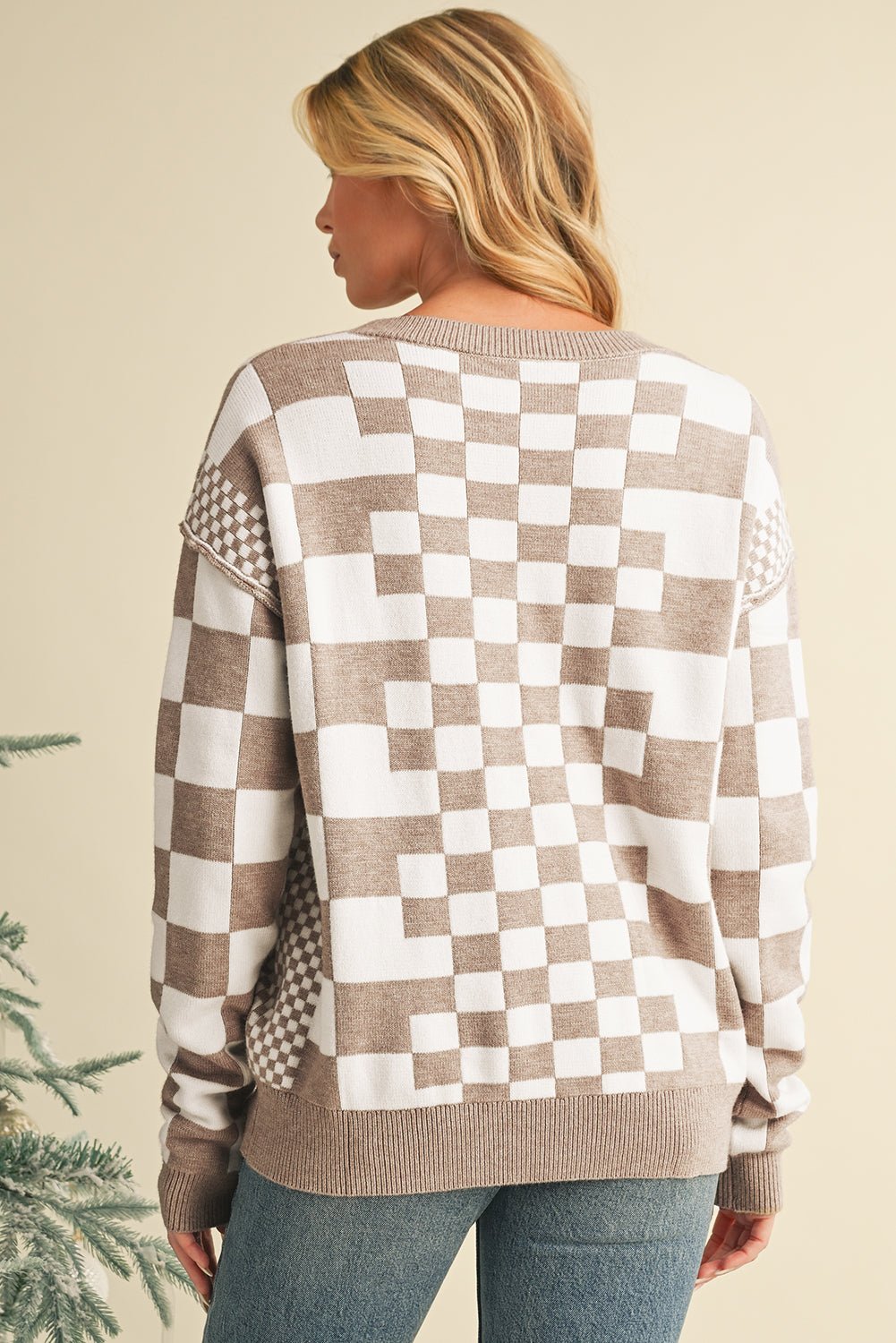 Gray Checkered Drop Shoulder Round Neck Sweater - MAD RUFFI