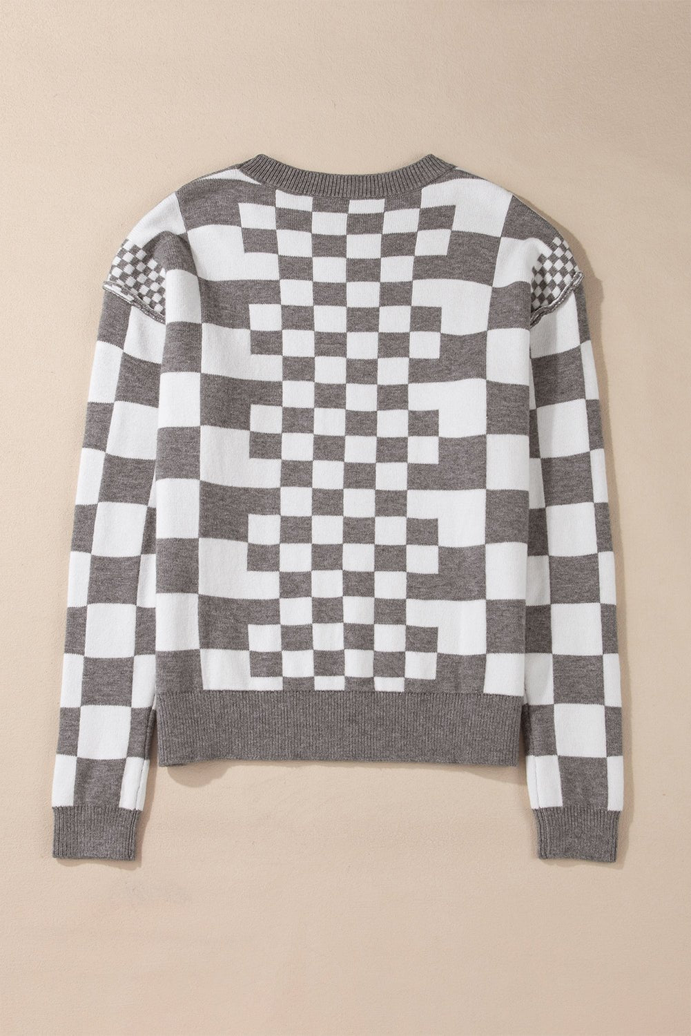 Gray Checkered Drop Shoulder Round Neck Sweater - MAD RUFFI