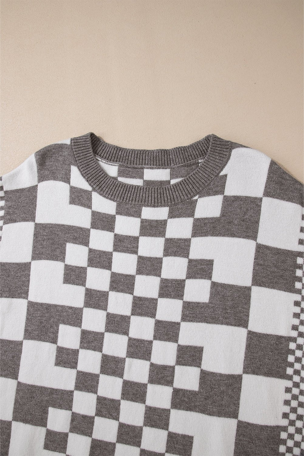 Gray Checkered Drop Shoulder Round Neck Sweater - MAD RUFFI